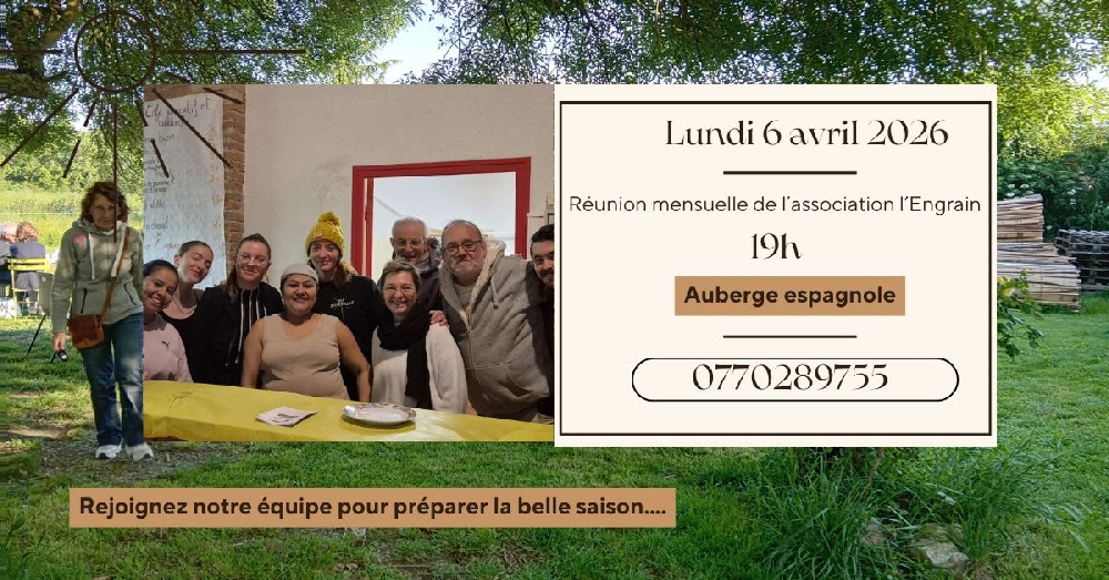 Réunion mensuelle de l'Engrain: lundi 6 avril 2026